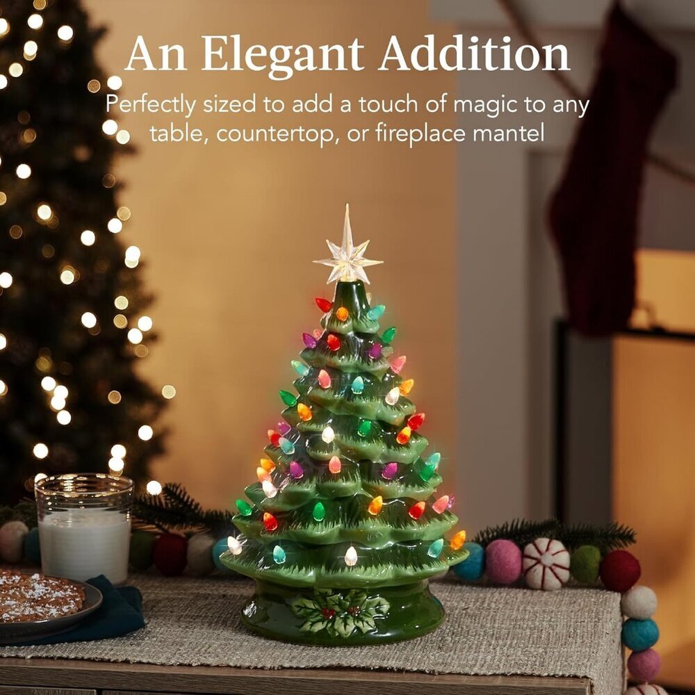 15in Ceramic Christmas Tree Pre lit Hand Painted Tabletop Holiday Tree 64 Lights - Picture 5 of 7